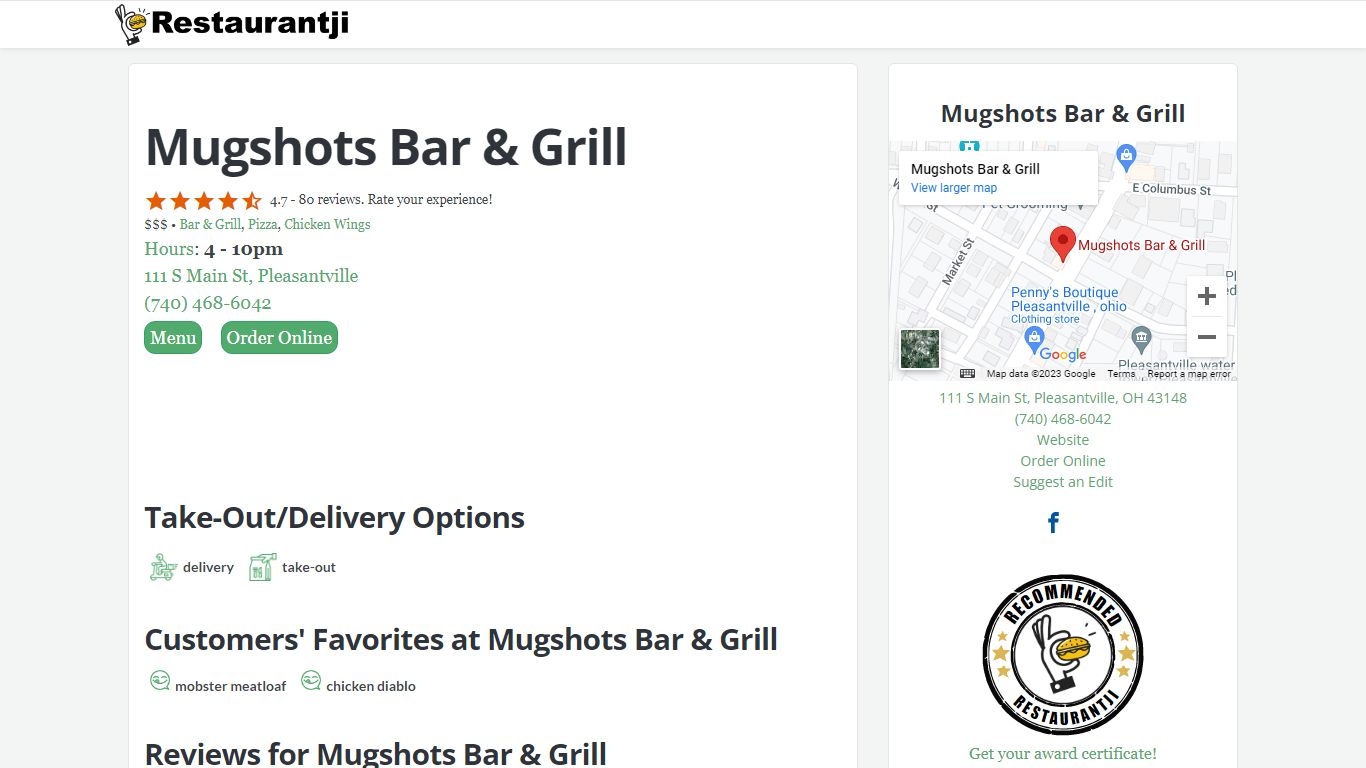 Mugshots Bar & Grill Pleasantville, OH 43148 - Restaurantji